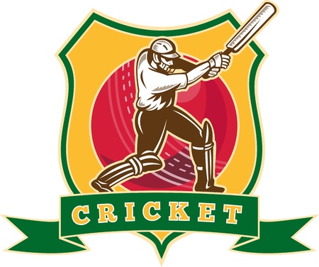 illustration of a cricket sports batsman batting viewed from front with cricket ball in the middle and shield with words  cricket  done in retro styleの写真素材