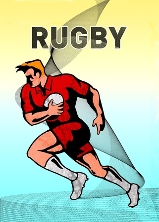 illustration of a rugby player running with the ball on isolated background viewed from sideの写真素材