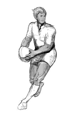 illustration of a Rugby player running passing ball black and white on isolated backgroundの写真素材