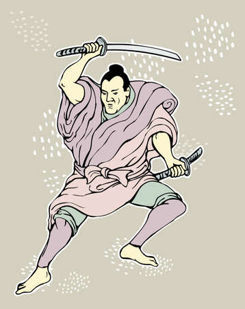  illustration of a Samurai warrior with katana sword in fighting stance done in cartoon styleの写真素材