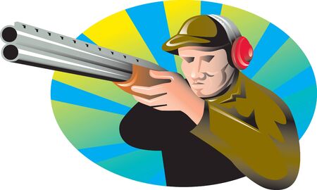 illustration of a hunter aiming shotgun rifle gun done in retro style on isolated backgroundの写真素材