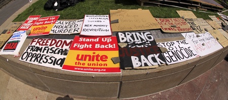 Occupy Wall Street demonstration protest signs banners set up at the Aotea Square in Auckland, New...
