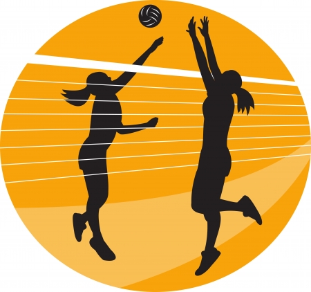 Illustration of a female volleyball player spiking hitting ball with other player blocking on isolated background.の写真素材