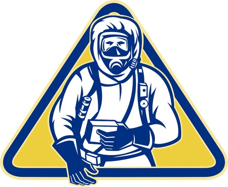 Illustration of a worker wearing a hazardous chemical hazchem suit facing front set inside triangle. Illustration of a worker wearing a hazardous chemical hazchem suit facing front set inside triangle.