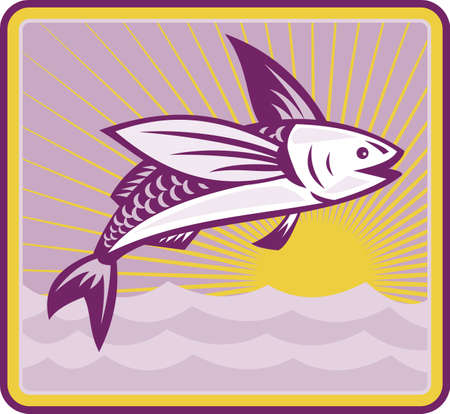 Illustration of a flying fish jumping with sea ocean and sunburst in background set inside square done in retro style.のイラスト素材