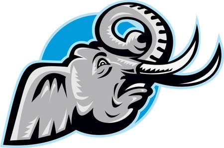 Illustration of an angry African elephant head with big tusk set inside circle done in retro style のイラスト素材