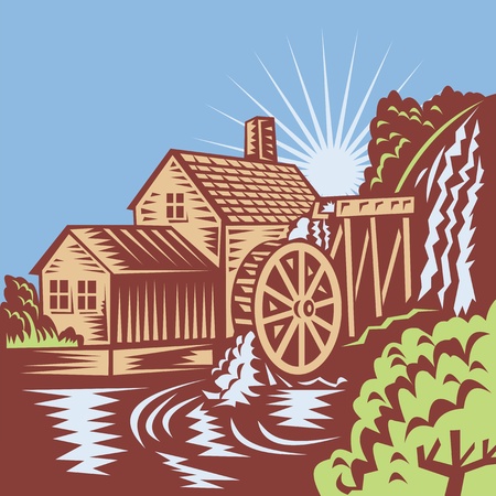 Illustration of a water wheel mill house watermill with flowing river done on retro woodcut style のイラスト素材