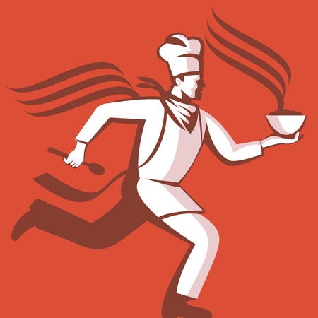 Illustration of a chef cook baker running with spoon and bowl of hot food viewed from side done in retro style のイラスト素材