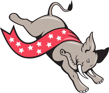 Cartoon illustration of a elephant jumping leaping with stars banner ribbon as republican mascot on isolated white background のイラスト素材