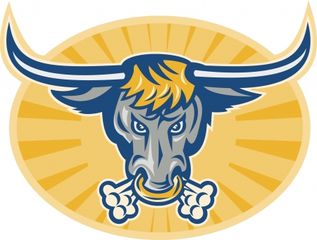 Illustration of an angry texas longhorn bull head facing front set inside ellipse done in retro style.のイラスト素材