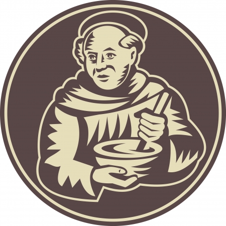 Illustration of a friar monk cook with mixing bowl done in retro woodcut style のイラスト素材