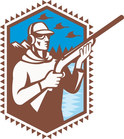 Illustration of a duck hunter shooter with shotgun rifle with geese flying and mountains in background done in retro style.のイラスト素材