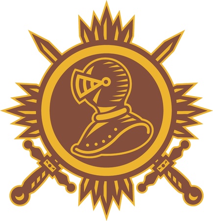 Retro illustration of a knight head facing side with crossed two sword done in woodcut style set inside circle.のイラスト素材