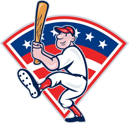 Illustration of a american baseball player batting cartoon style isolated on white with stars and stripes set inside fan shape.のイラスト素材