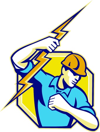 Illustration of an electrician construction worker holding a lightning bolt set inside hexagon done in retro style in isolated white background のイラスト素材