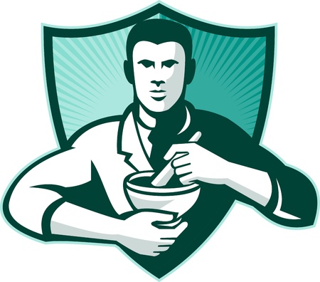 Retro style illustration of a pharmacist chemist worker mixing medicine with mortar and pestle viewed from front set inside shield.のイラスト素材