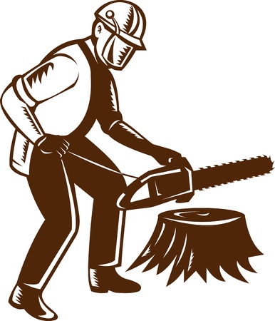 Illustration of lumberjack arborist tree surgeon holding a chainsaw cutting tree stump on isolated white background.のイラスト素材