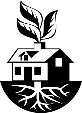 Illustration of a house with roots and leaves sprout from chimney done in black and white.のイラスト素材