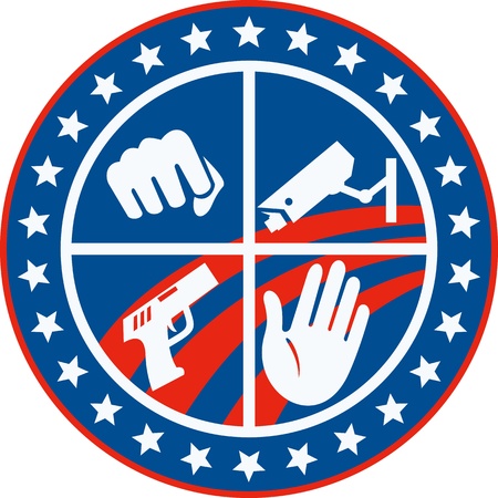 Illustration of a fist punching cctv surveillance security camera pistol gun and hand set inside circle with stars and stripes done in retro style.のイラスト素材