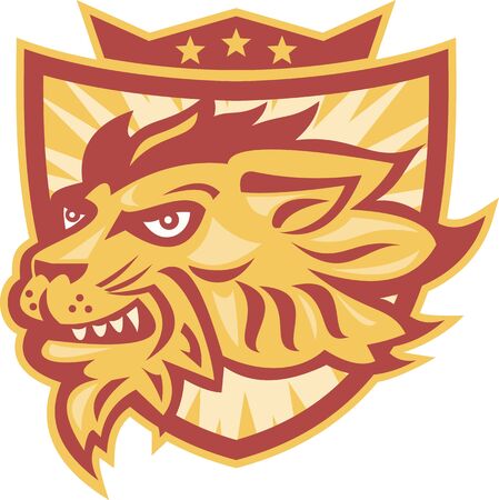 Illustration of lion head facing side with shield and crown and stars in background のイラスト素材