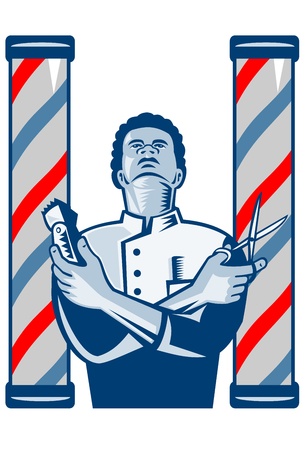 Illustration of an african american barber with arms crossed holding a hair clipper and a pair of scissors with upright barberのイラスト素材