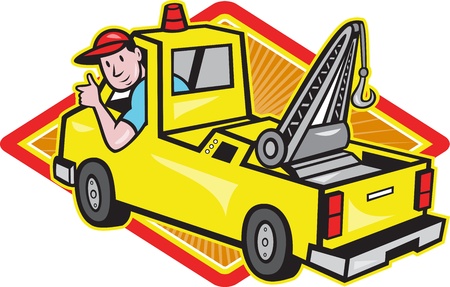Illustration of a tow truck wrecker with driver thumb up set inside diamond on isolated white background のイラスト素材