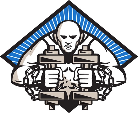 Illustration of a strongman with two dumbbells bound in chains breaking them facing front set inside diamond done in retro style のイラスト素材