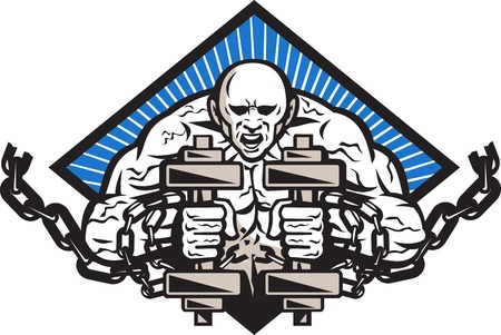 Illustration of a strongman with two dumbbells bound in chains breaking them facing front set inside diamond done in retro style のイラスト素材