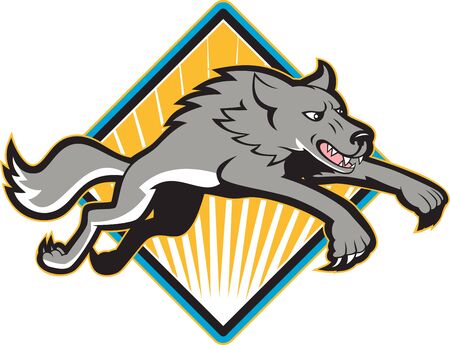 Illustration of a gray wolf jumping attacking done in cartoon style.のイラスト素材