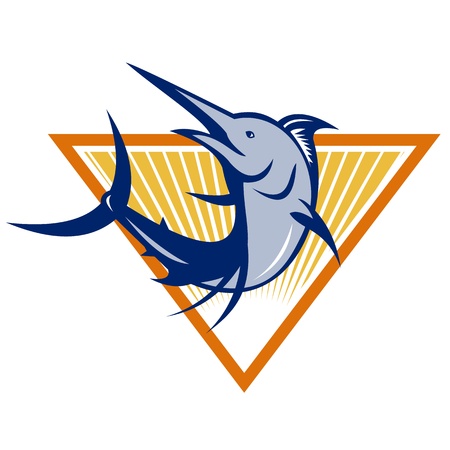 Illustration of a blue marlin fish jumping set inside triangle done in retro style.のイラスト素材