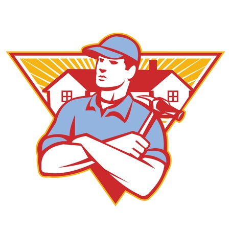 Illustration of a builder construction worker with hammer arms crossed with house in background set inside triangle done in retro style. Illustration of a builder construction worker with hammer arms crossed with house in background set inside triangle done in retro style.