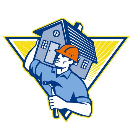 Illustration of a builder construction worker with hammer carrying house on shoulders set inside triangle  done in retro style.のイラスト素材