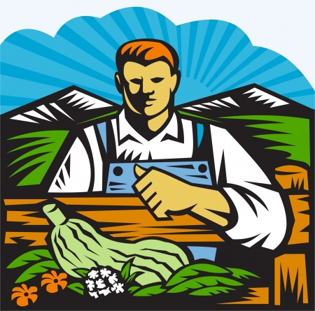 Illustration of organic farmer with crop produce harvest of vegetables facing front on fence with farm field and mountains in background done in retro woodcut styleのイラスト素材
