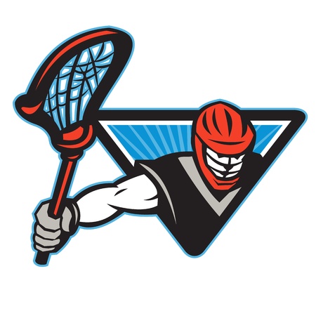 Illustration of a lacrosse player holding a crosse or lacrosse stick viewed from front set inside triangle.のイラスト素材