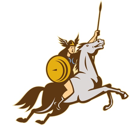 Illustration of valkyrie of Norse mythology female rider warriors riding horse with spear done in retro style のイラスト素材