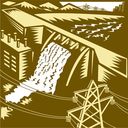 Illustration of a hydroelectric hydro energy generation dam with pylons and buildings done in woodcut style.のイラスト素材