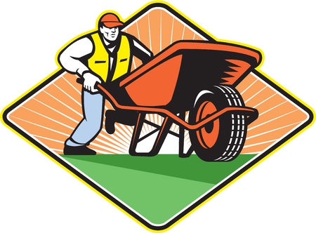 Illustration of male gardener walking pushing wheel barrow viewed from front on low angle set inside diamond shape のイラスト素材