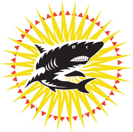 Illustration of a shark swimming up with sunburst in background done in retro woodcut style.のイラスト素材