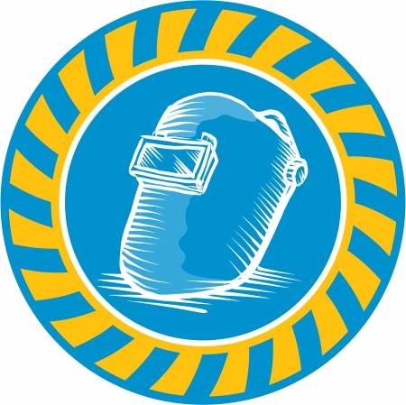 Illustration of a welder's welding helmet visor done in retro woodcut style set inside circle.のイラスト素材