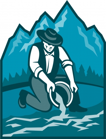 Illustration of a gold digger miner prospector with pan panning for gold in river のイラスト素材