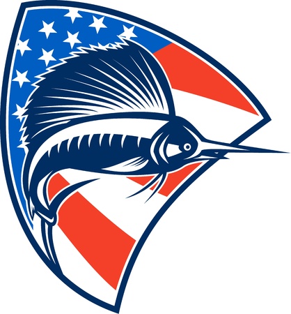 Illustration of a sailfish fish jumping with American stars and stripes flag in background set inside shieldのイラスト素材