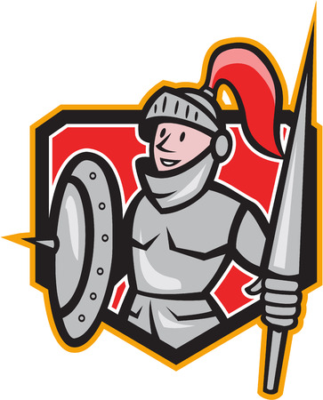 Illustration of knight in full armor with lance and shield facing front set inside shield done in cartoon style.のイラスト素材
