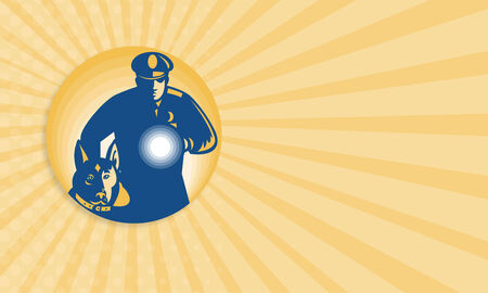 Business card template showing illustration of a security guard policeman with police guard dog and flashlight facing front set inside circle done in retro style.の写真素材