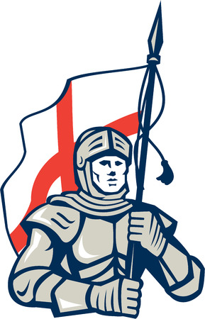 Illustration of an Englsih knight in full armor with England flag facing front done in retro style on isolated white background.のイラスト素材