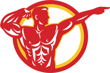Illustration of a bodybuilder flexing muscles viewed from side set inside circle  done in retro style.のイラスト素材
