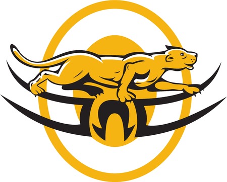 Illustration of a puma mountain lion crouching viewed from side done in cartoon style on isolated background.のイラスト素材