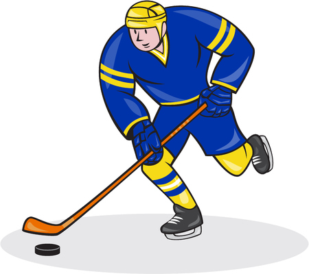 Illustration of an ice hockey player with hockey stick set inside oval shape done in cartoon style.のイラスト素材