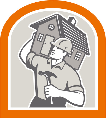 Illustration of a builder construction worker with hammer carrying house on shoulder set inside shield done in retro style.のイラスト素材