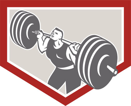 Illustration of a weightlifter athlete muscle-up lifting barbell facing front set inside shield crest shape done in retro style on isolated white background.のイラスト素材
