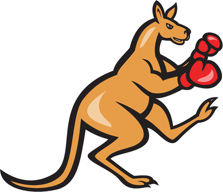 Illustration of a kangaroo kick boxer boxing with boxing gloves viewed from side on isolated background done in cartoon style.のイラスト素材